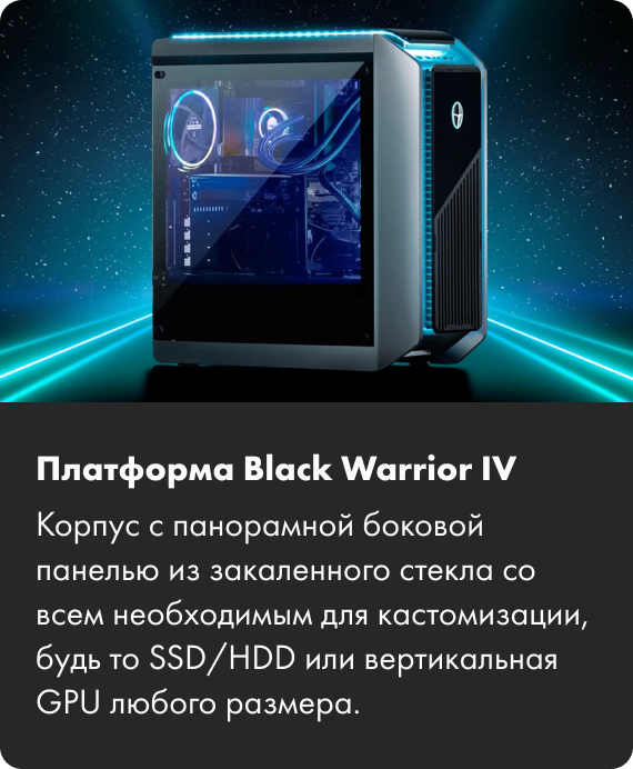Платформа Black Warrior IV Корпус с панорамной боковой панелью из закаленного стекла со всем необходимым для кастомизации, будь то SSD/HDD или вертикальная GPU любого размера.